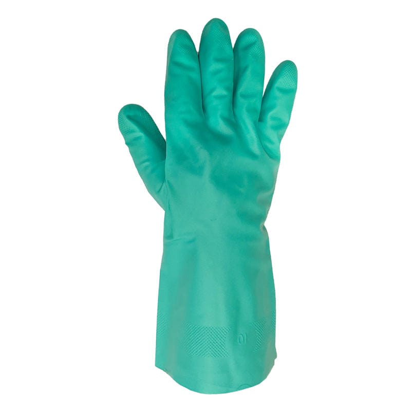 Green rubber glove on a white background