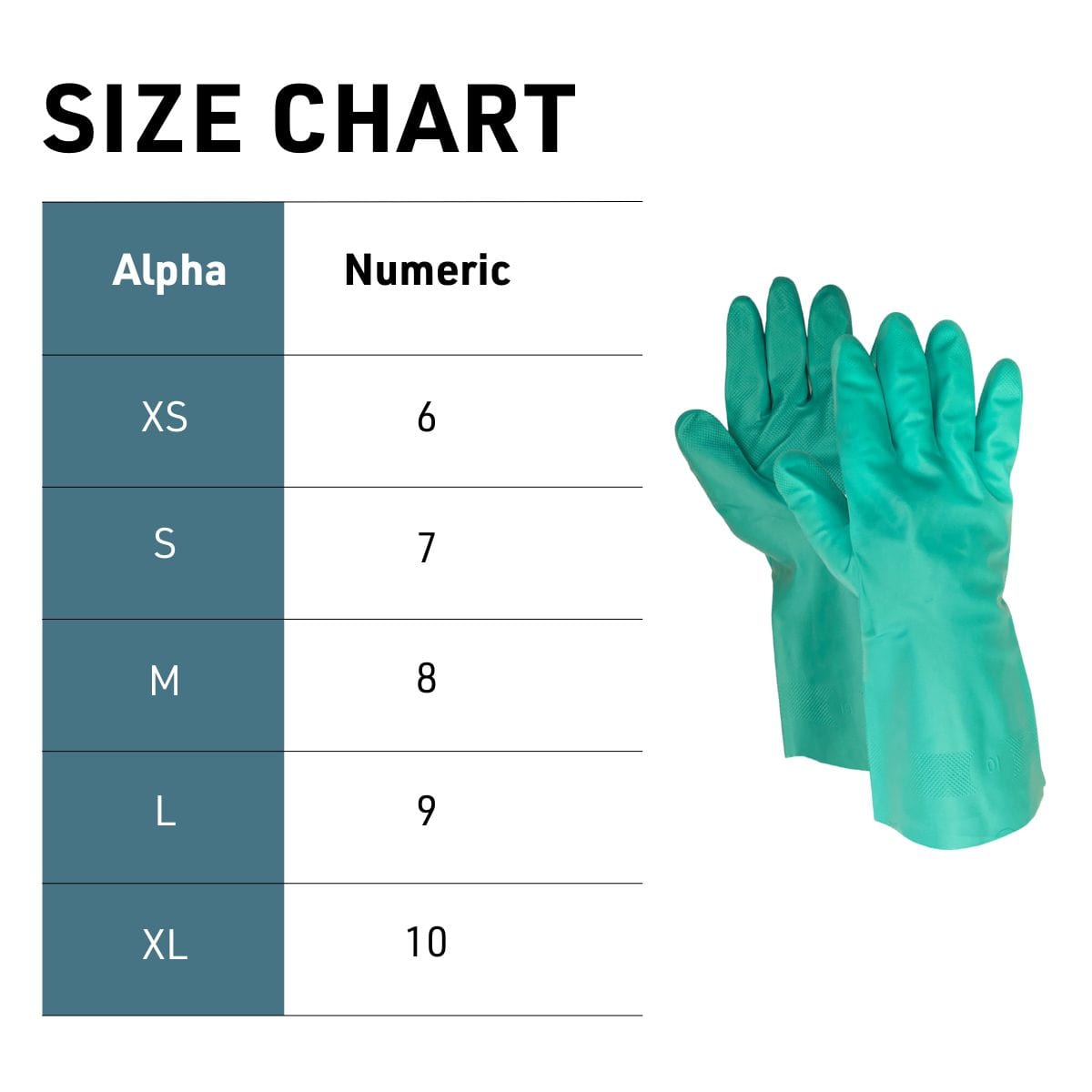 Size chart for gloves with Alpha and Numeric measurements, showing a pair of green gloves on a white background.