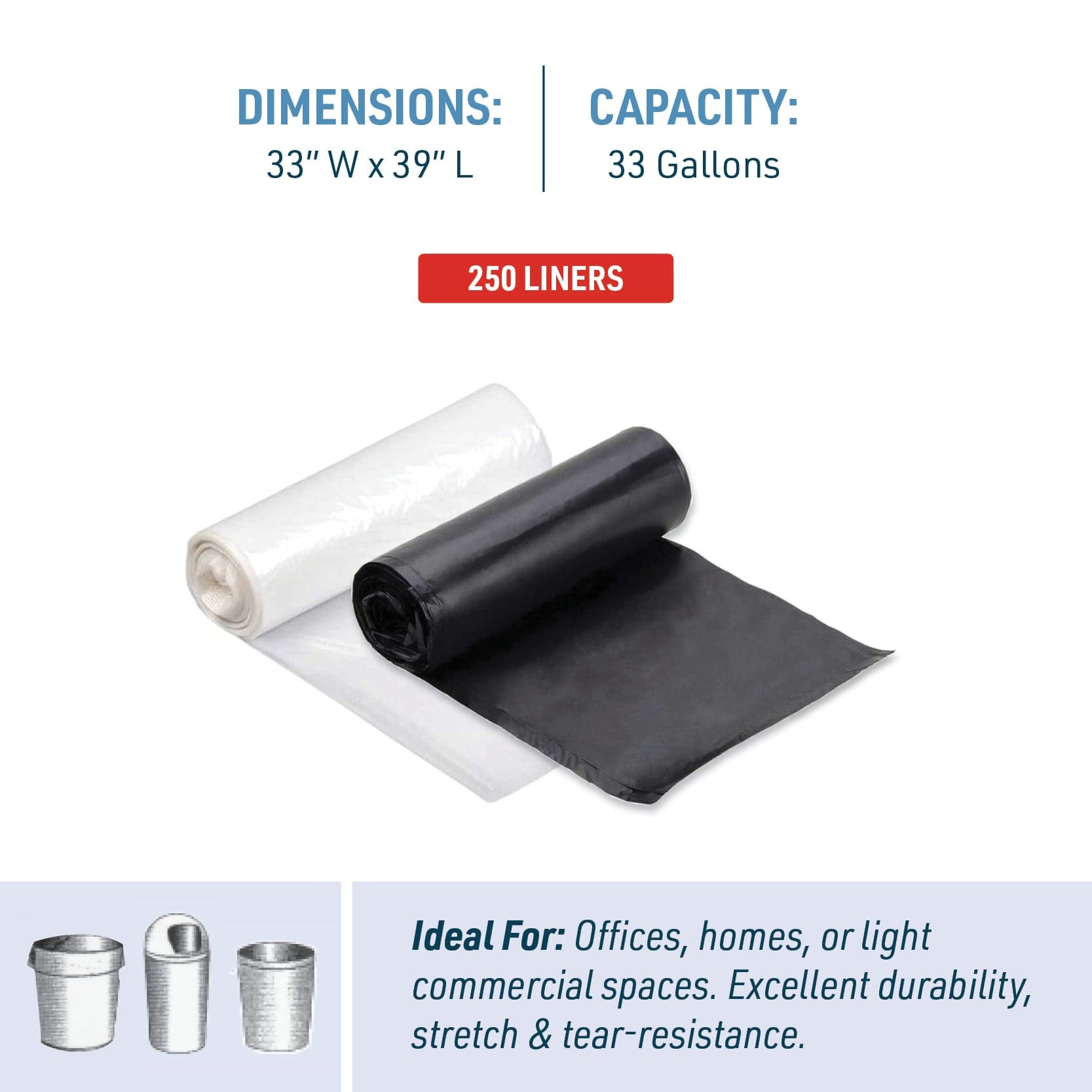 33 Gallon Low Linear Density Can Liners 33"x39" | 250 Count