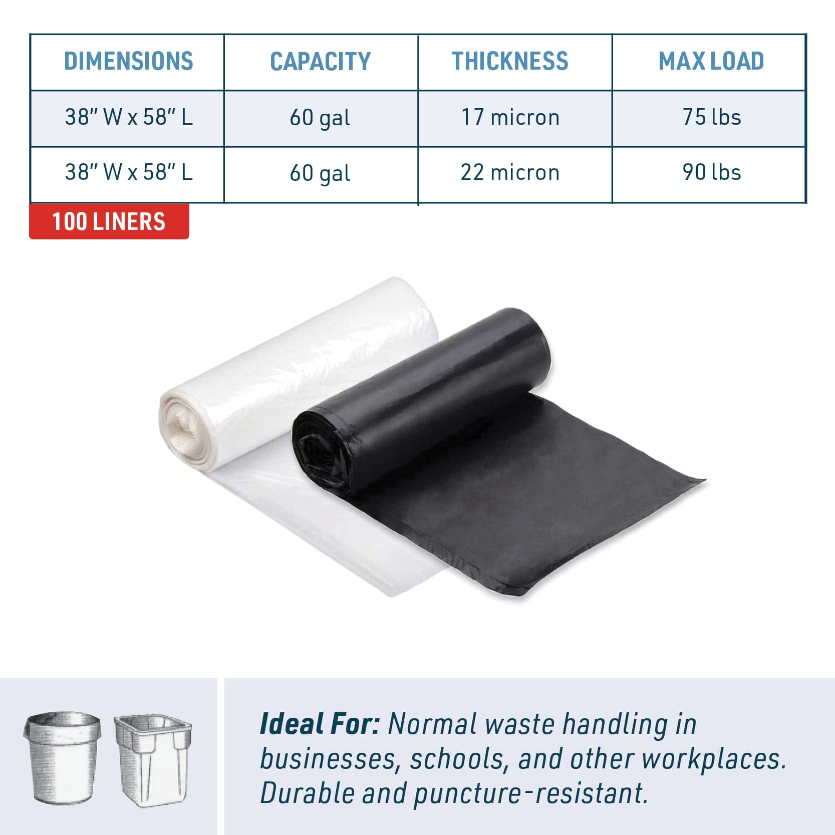 60 Gallon High Density Can Liners 38" x 58" | 100 Count