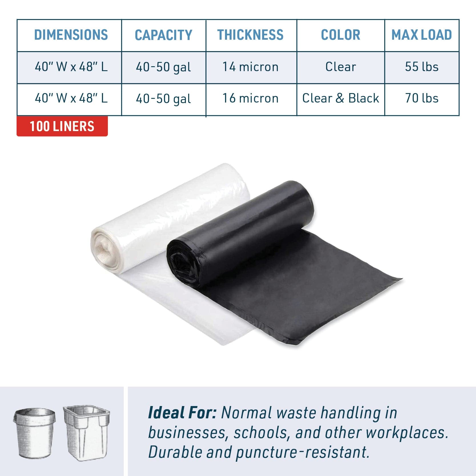 40-50 Gallon High Density Can Liners 40" x 48" | 100 Count