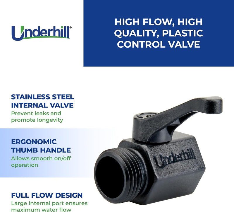 Underhill ProLine Plastic Highflow Control Valve with listed features, stainless steel internal valve, ergonomic thumb handle, full flow design