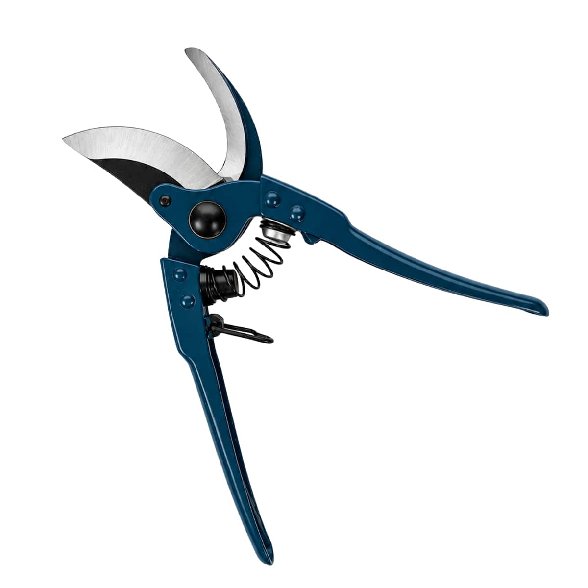 Back view of an open hand pruner with spring and lock. Blue in color on a white background.