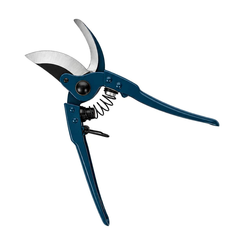 Back view of an open hand pruner with spring and lock. Blue in color on a white background.