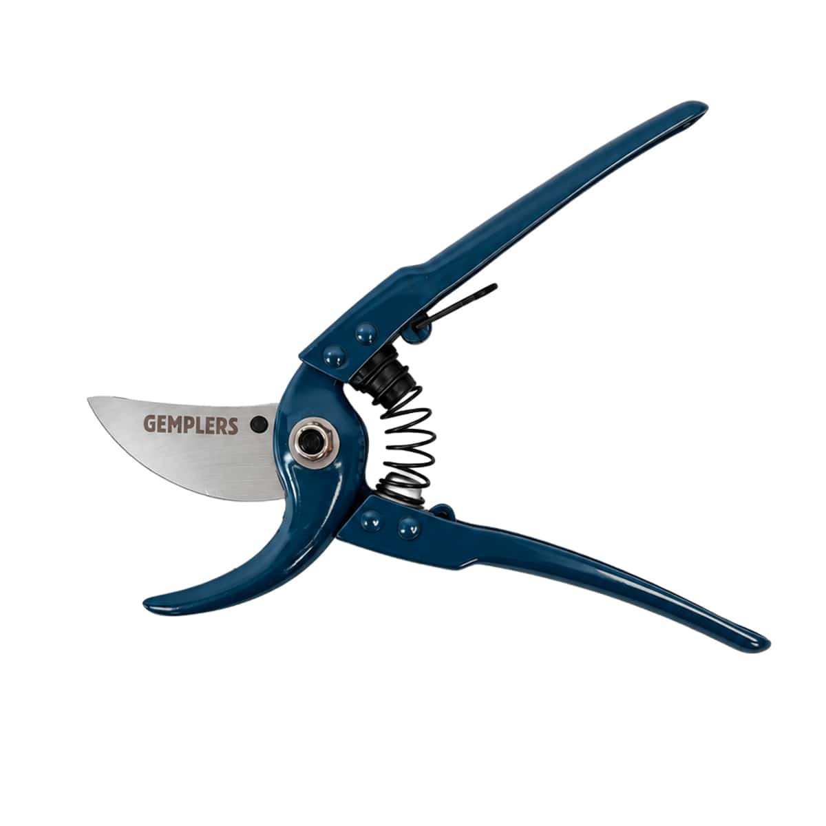 Open view of Gemplers crew quality bypass pruner with metal grips. Shows spring and locking mechanism.