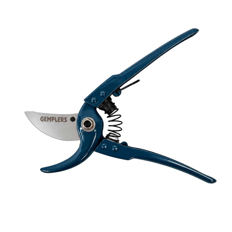 Open view of Gemplers crew quality bypass pruner with metal grips. Shows spring and locking mechanism.