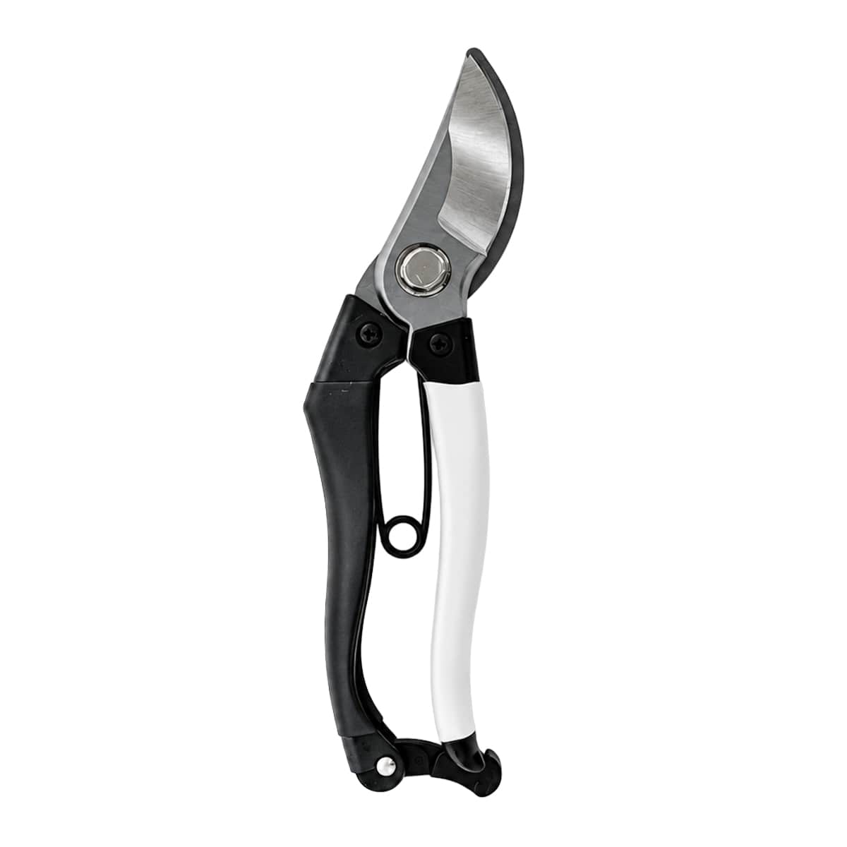 Pruning shears with a curved silver stainless steel blade, black plastic handle grips, and a white handle grip, shown against a plain white background.