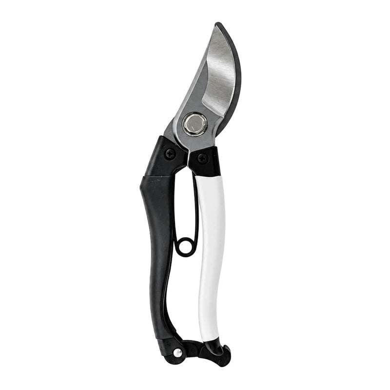 Pruning shears with a curved silver stainless steel blade, black plastic handle grips, and a white handle grip, shown against a plain white background.