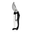 Gemplers low profile bypass pruner shown in a vertical closed view. Features one white handle and one black with a v-shaped spring.
