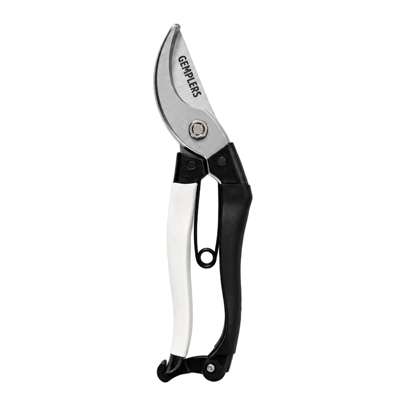 Gemplers low profile bypass pruner shown in a vertical closed view. Features one white handle and one black with a v-shaped spring.