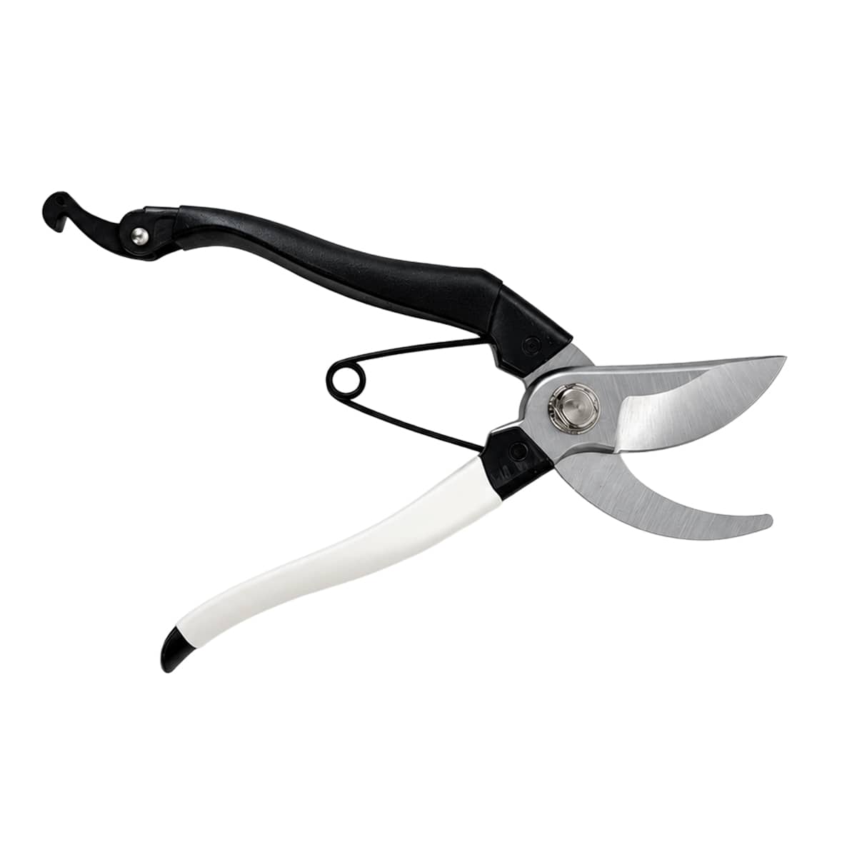 Pruning shears with black and white handles and silver metal blades, shown on a plain white background.