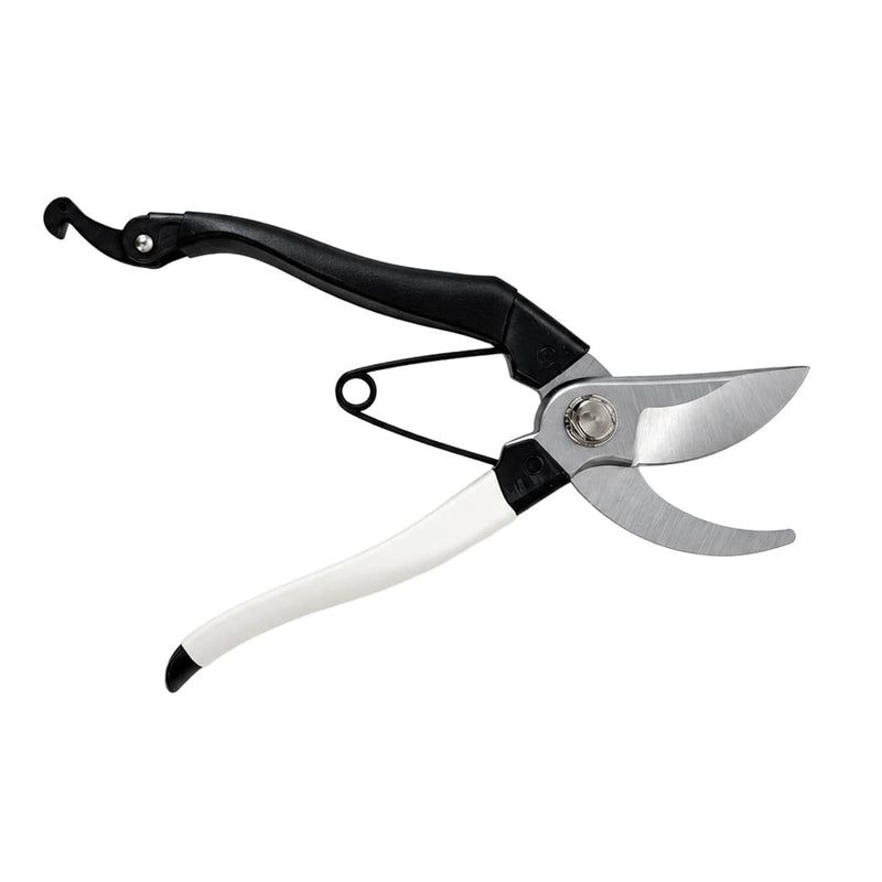 Pruning shears with black and white handles and silver metal blades, shown on a plain white background.