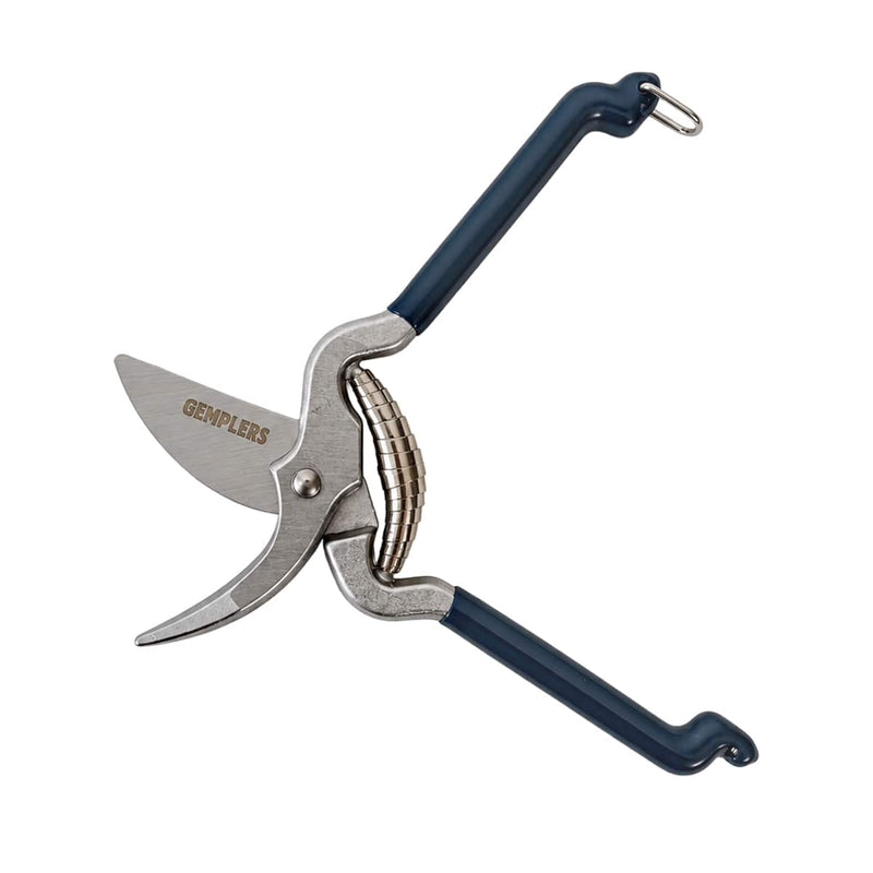 An open pair of Gemplers pruning shears with dark blue handles and silver stainless steel blades, shown on a plain white background.