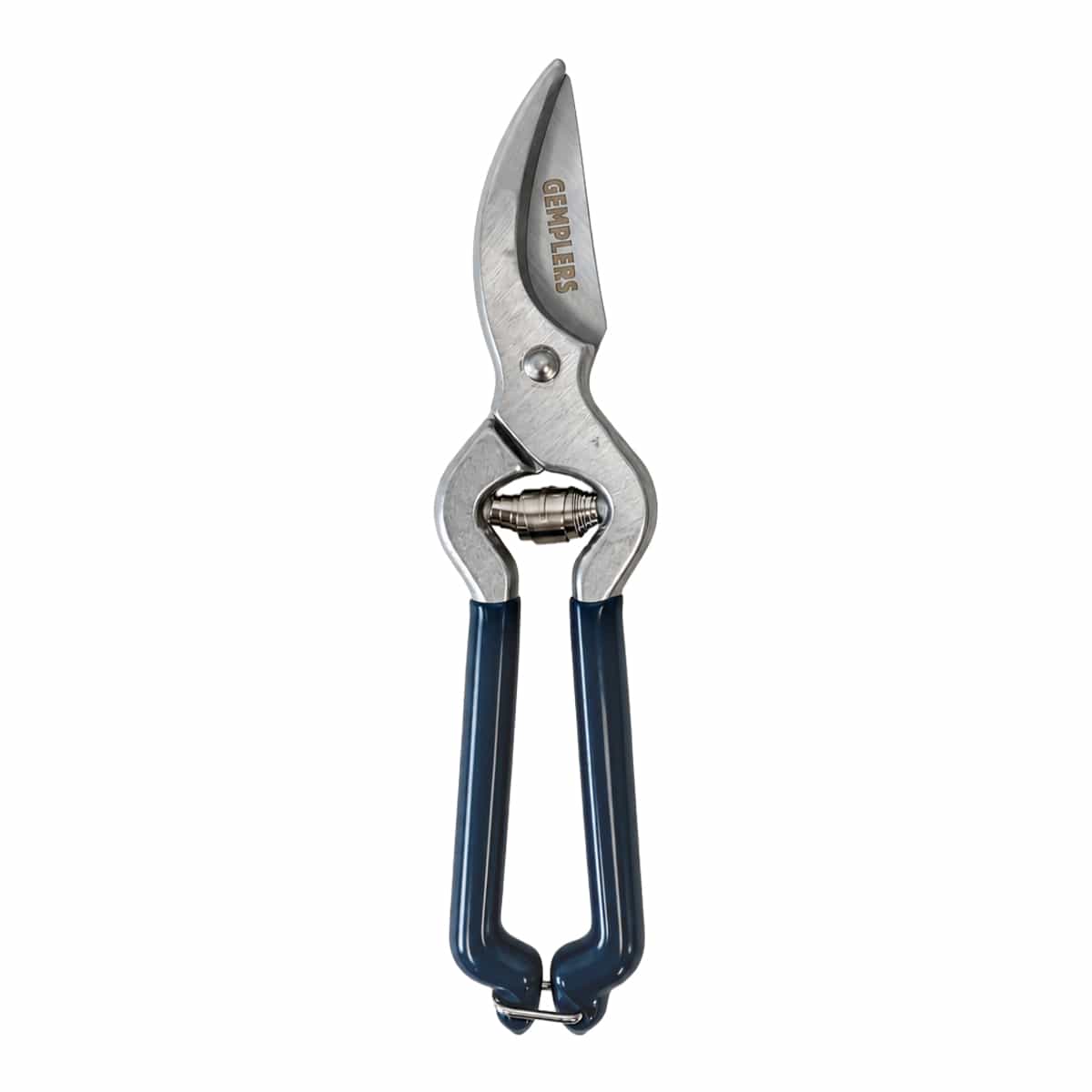 Gemplers small hand pruner with blue grips and sharp metal blade.