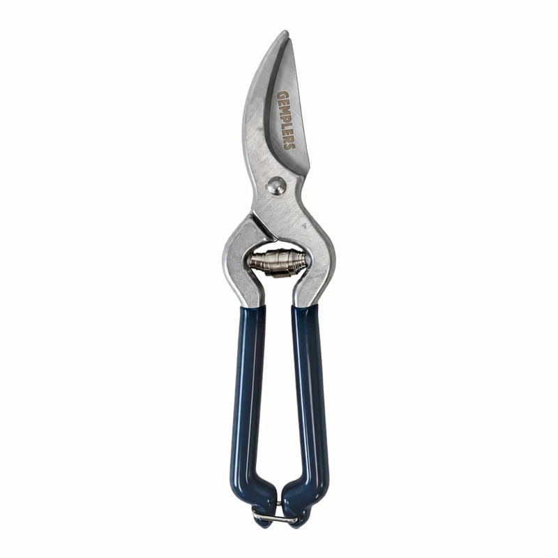 Gemplers small hand pruner with blue grips and sharp metal blade.