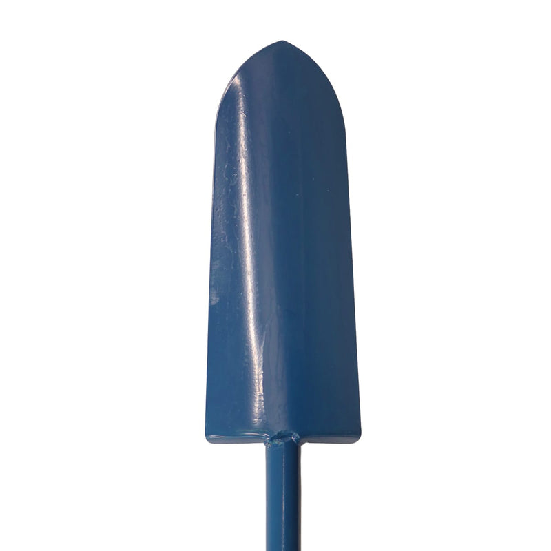 Back view of a blue, all-steel shovel with a narrow blade, open back