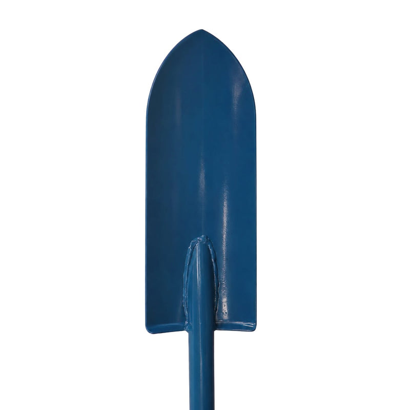 Head view of a blue trenching shovel with a strong steel connection between the head and the handle