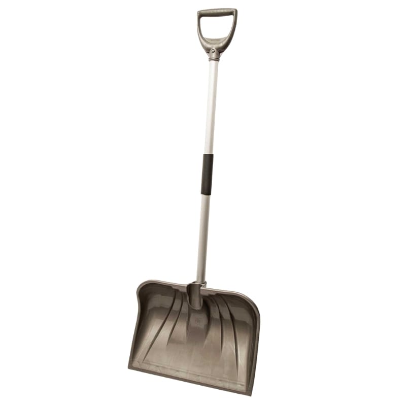 A heavy-duty metal snow shovel with a silver D-handle and a black grip section on the handle, set against a plain white background.