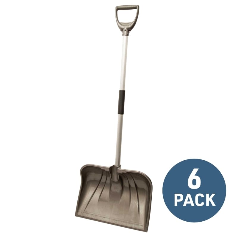 A single metal snow shovel with a long silver handle and black grip, shown on a white background with a blue circular badge reading '6 PACK'.