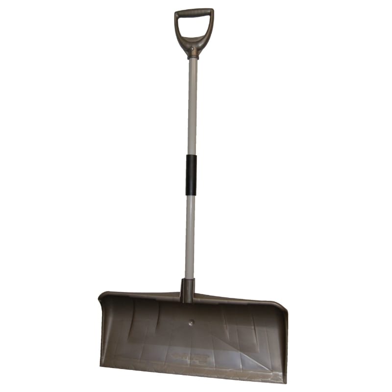 A metal snow shovel with a long silver handle, black grip section, and dark gray blade, shown against a plain white background.