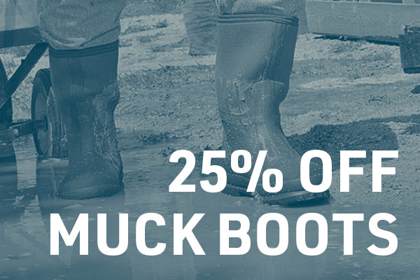 Close of of waterproof chore boots with blue over lay and text 25% off Much Boots