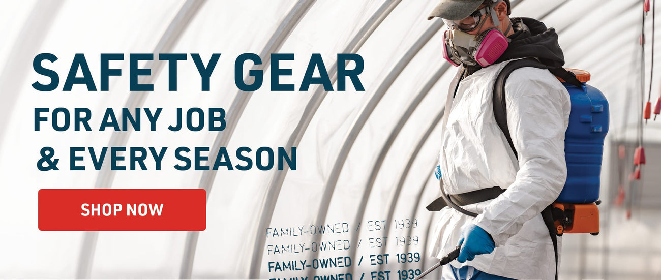 Person wearing safety gear with text promoting safety equipment for various jobs and seasons.