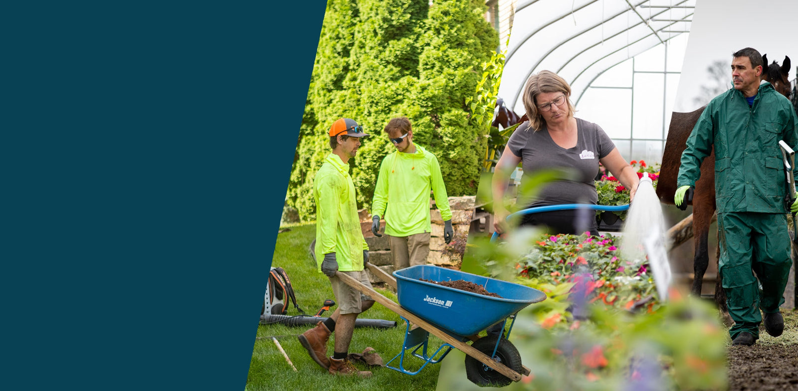 Tools, supplies, safety, and workwear built for outdoor professionals. Trusted since 1939. Image features a landscape crew, a woman watering in a nursery, and a man working on a farm.