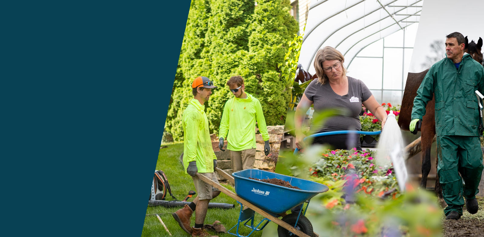Tools, supplies, safety, and workwear built for outdoor professionals. Trusted since 1939. Image features a landscape crew, a woman watering in a nursery, and a man working on a farm.