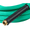 Green garden hose with black connector and brass fitting.