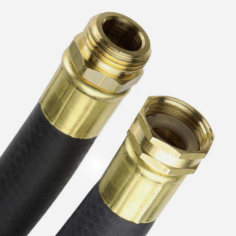 Durable, fully brass fittings shown on rubber water hose.