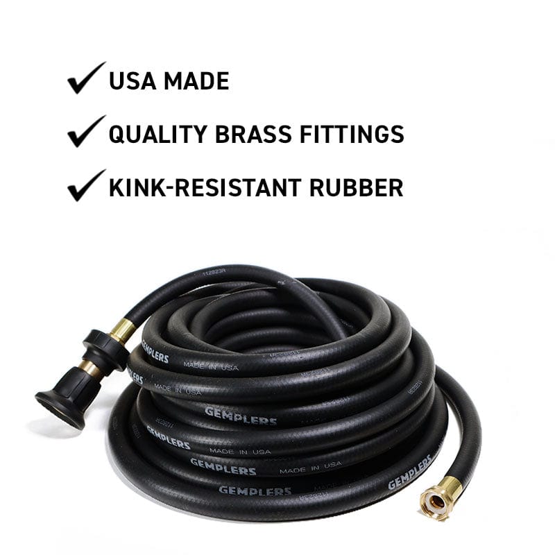 Black, pro-grade water hose with nozzle attached. 