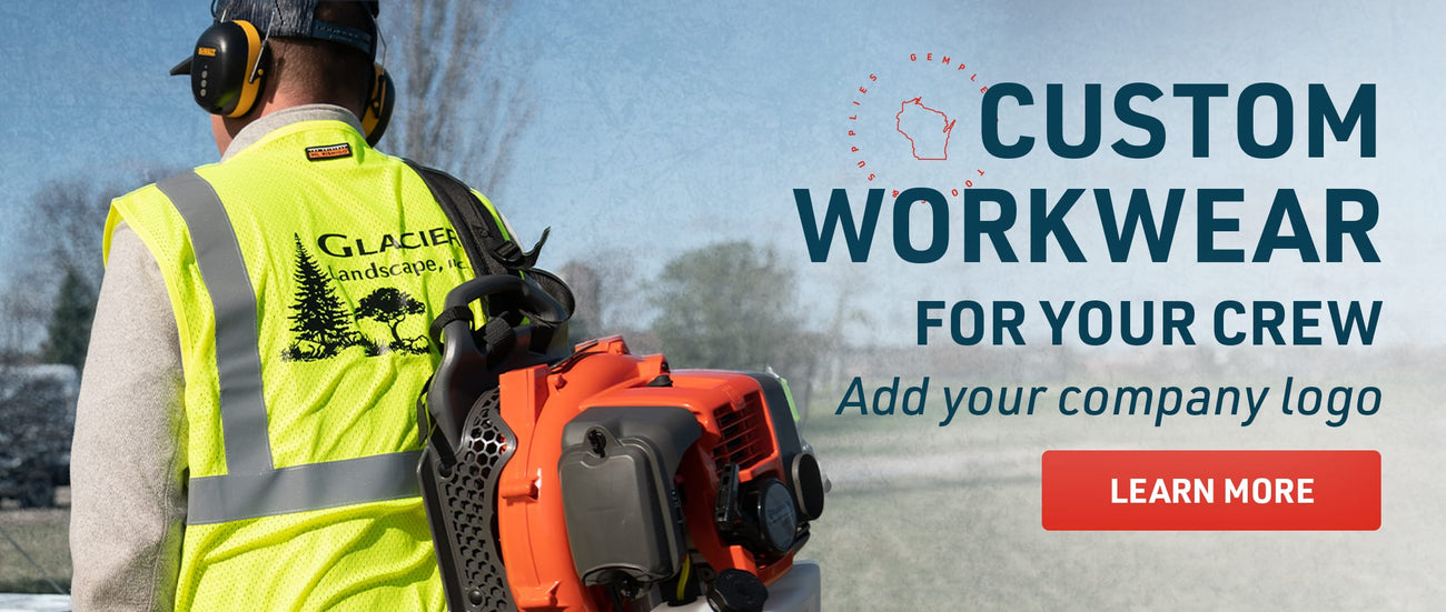 Landscaper wearing hi-vis vest promoting custom workwear for your crew at Gemplers.