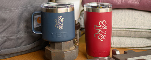 Logos laser-etched on Yeti drinkware