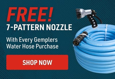 Promotional graphic for a free 7-pattern nozzle with every Gemplers water hose purchase. The image shows a coiled light blue water hose on a dark textured background, with a black-and-silver nozzle attached.