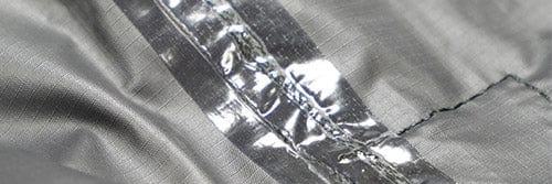 a fabric seam covered with a glossy tape