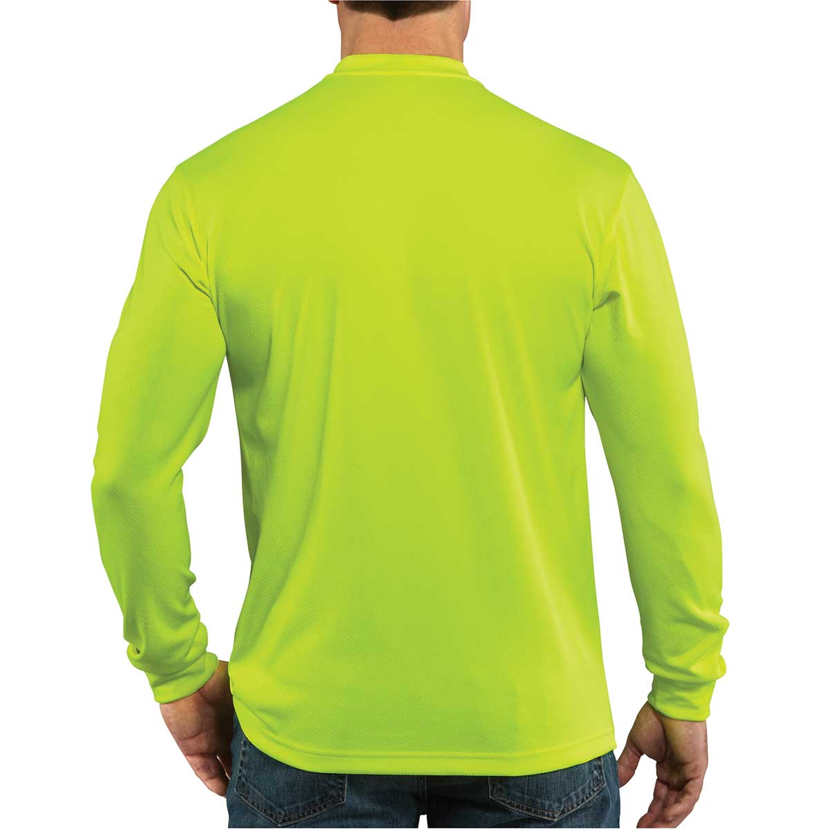 Back of Carhartt Force 100494 Color Enhanced Hi-Vis Long-Sleeve T-Shirt on model