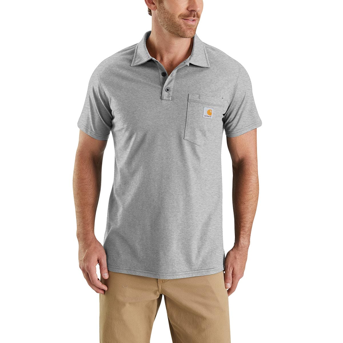 Carhartt Men's Force Relaxed Fit Midweight Short-Sleeve Pocket Polo Shirt on model