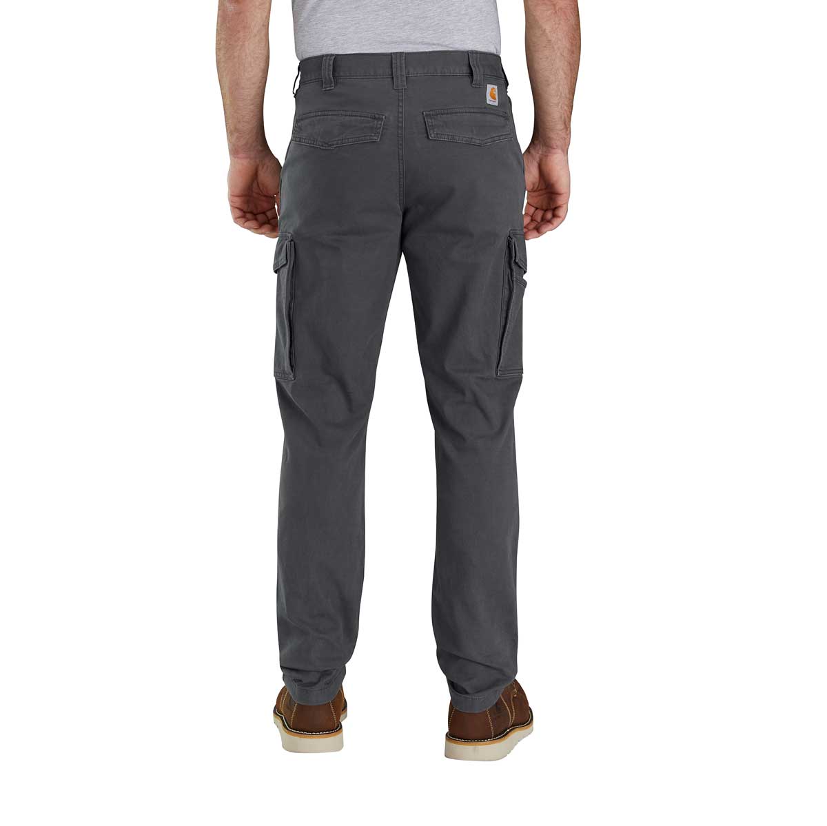 Back of Carhartt Men's Rugged Flex Relaxed Fit Canvas Cargo Work Pant on model