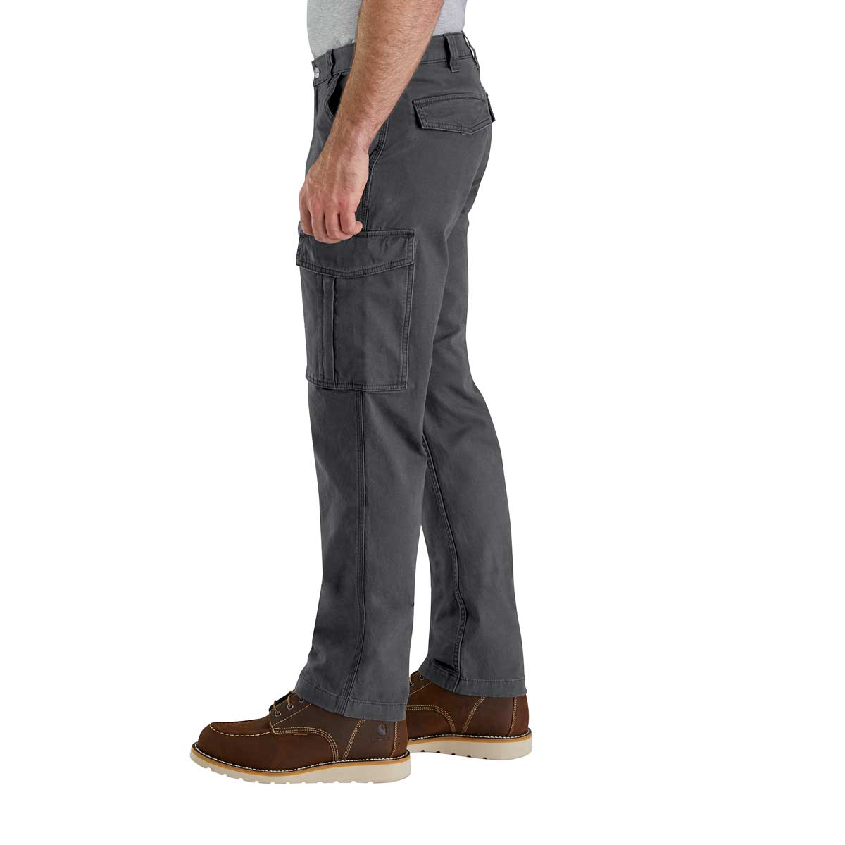 Left side of Carhartt Men's Rugged Flex Relaxed Fit Canvas Cargo Work Pant on model