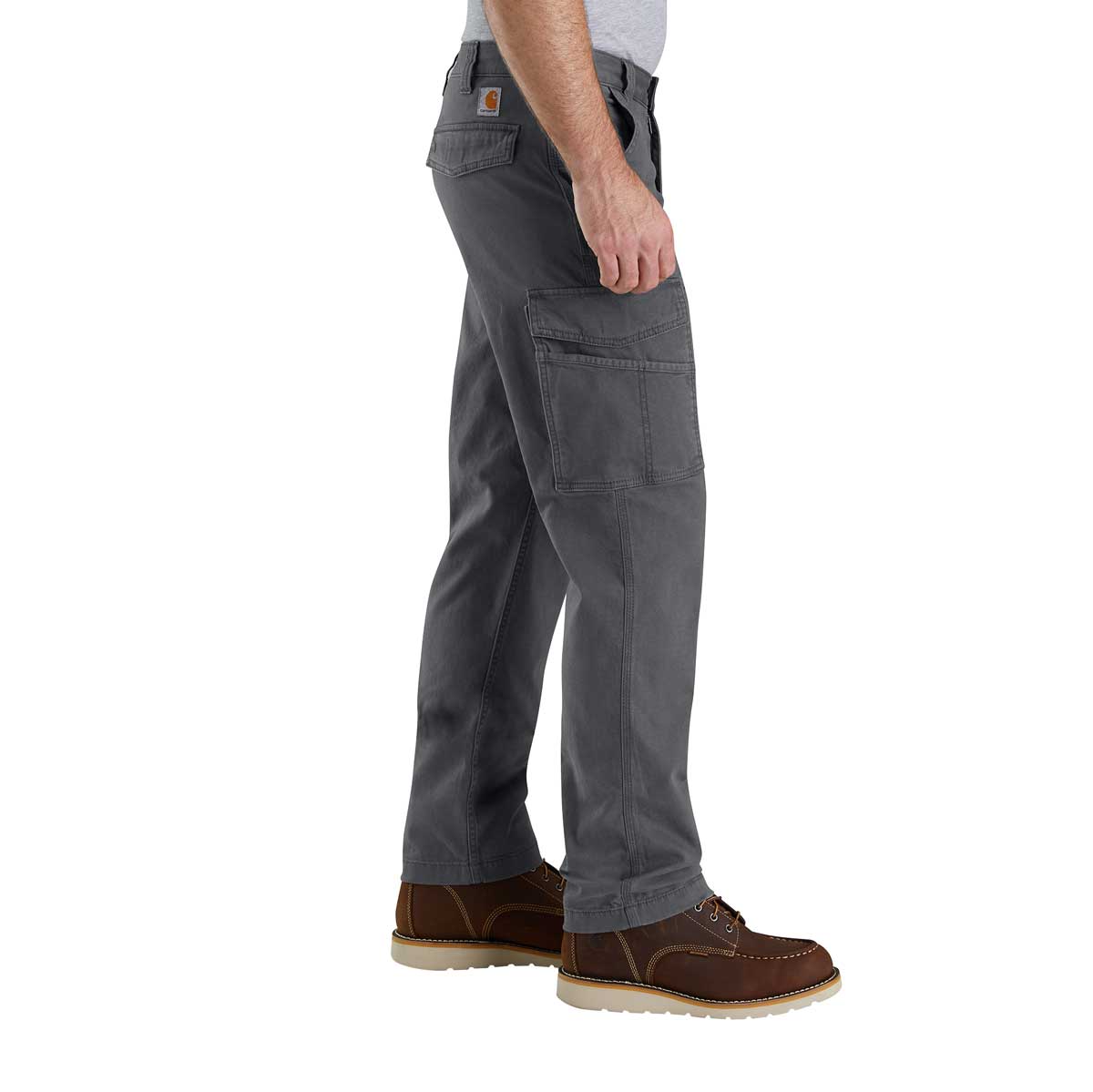 Right side of Carhartt Men's Rugged Flex Relaxed Fit Canvas Cargo Work Pant on model