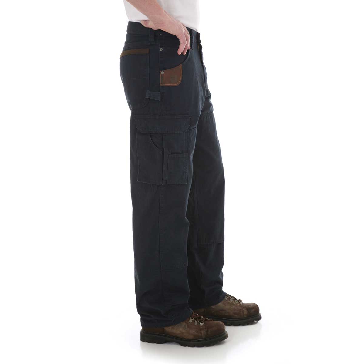 Side of the navy colored Wrangler Riggs Workwear Ripstop Ranger Cargo Pants, Navy