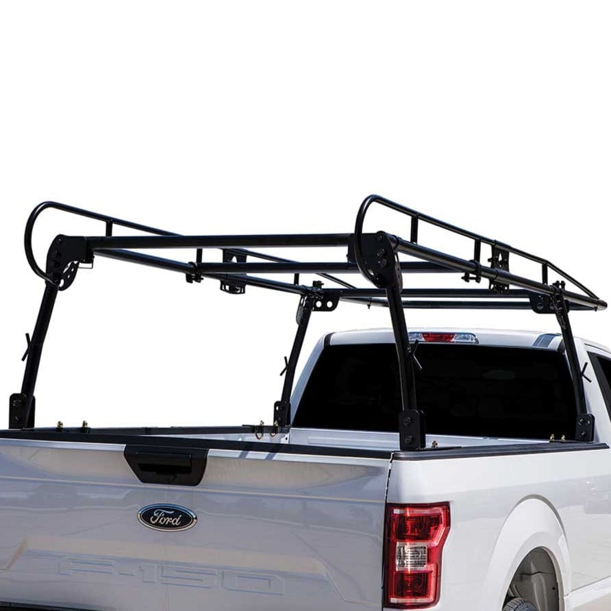 View of the back of the Buyers Products Black Steel Truck Ladder Rack