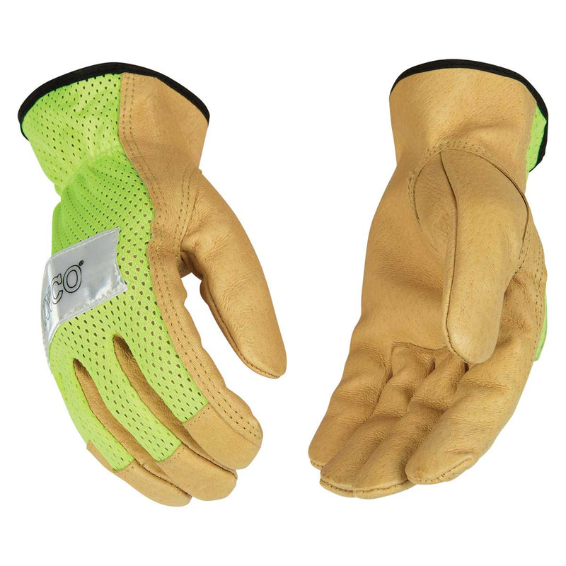 Kinco Enhanced Visibility Leather Work Gloves with Hi-Vis Mesh Back
