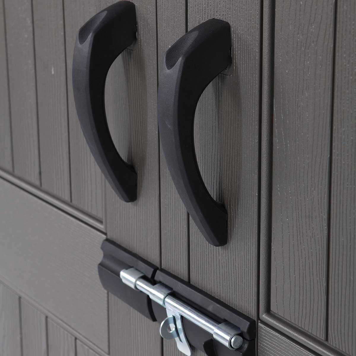 Closeup of the handle on Lifetime 7 Ft. x 4.5 Ft. Outdoor Storage Shed