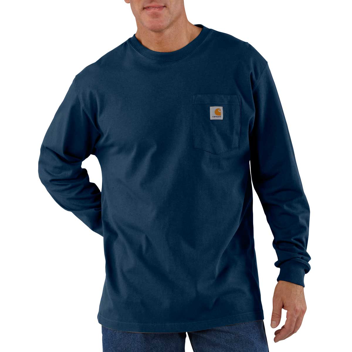 Navy Carhartt K126 Loose Fit Heavyweight Long-Sleeve Pocket T-Shirt on model