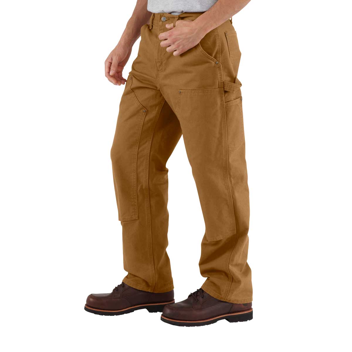 Left side of Carhartt Loose Fit Washed Duck Double-Front Utility Work Pant on model