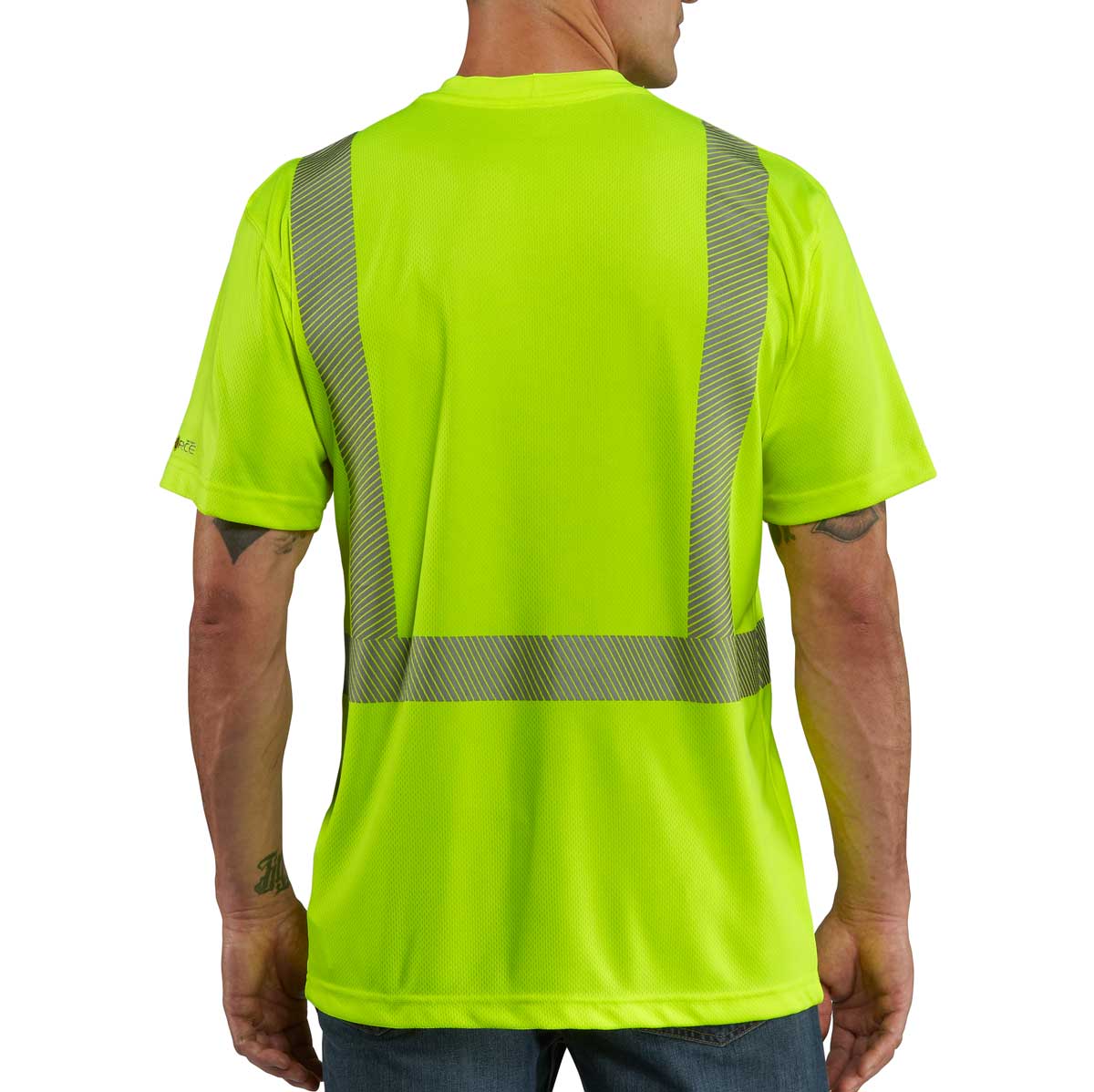 Back of Carhartt 100495 ANSI Class 2 Hi-Vis Force Short-Sleeve T-Shirt on model