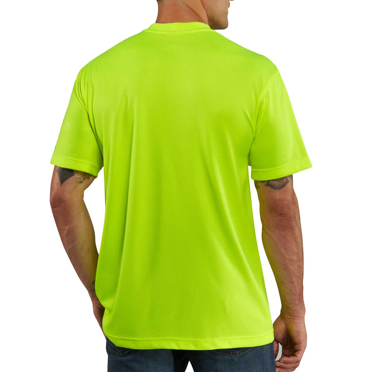 Back of Carhartt Force 100493 Color Enhanced Visibility Short-Sleeve Hi-Vis T-Shirt on model
