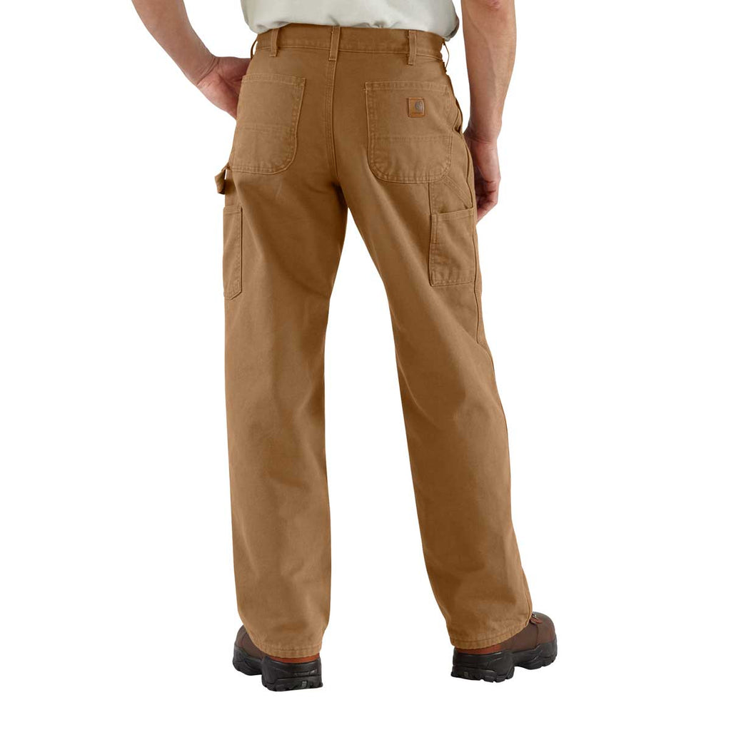 Back of Carhartt B111 Loose Fit Washed Duck Flannel-Lined Utility Work Pant on model
