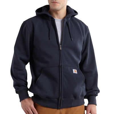 Navy Carhartt Rain Defender Loose Fit Heavyweight Full Zip Sweatshirt on model